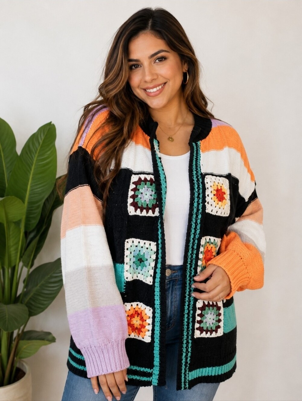 NEW!!!! POL Granny Square Colorful Patchwork Sweater, SZ Lrg, NWT
